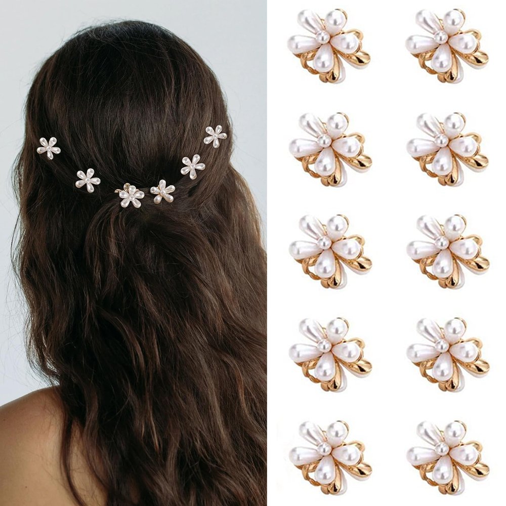10pcs Small Mini Pearl Flower Claw Clips, Cute Flower Hair Clips for Thin Thick Hair, Fashion Hair Accessories for Party Wedding