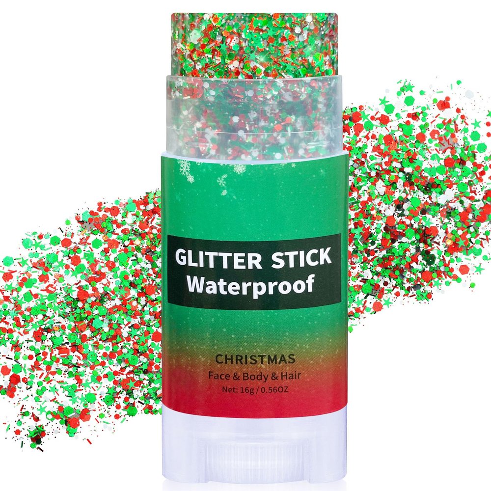 Paminify Christmas Hair Glitter Stick,Red and Green Silver Face Body Glitter Makeup,Waterproof Christmas Outfits for Women, Stocking Stuffers Sparkling Party Gift for Girls,Chunky Glitter Makeup