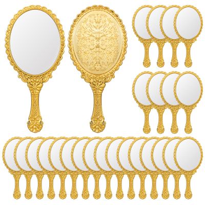 24 Pack Vintage Handheld Mirrors for Makeup, Gold Embossed Floral Portable Princess Mirror with Handle, Decorative Travel Cosmetic Purse Mirror for Women, Party Favors, Classroom