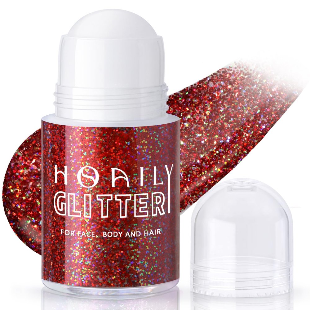 HOSAILY Roll-on Red Body Glitter Gel for Face Hair, Christmas Holographic Face Paint Glitter Mermaid Makeup, Sparkling Chunky Sequins Festival Party Rave Accessories Shimmer Makeup