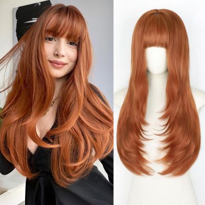ALXNAN Hair Toppers For Women with Thinning Hair,26Inch Ginger Long Straight Layered Clip In Syntheticr topper hair pieces with Bangs
