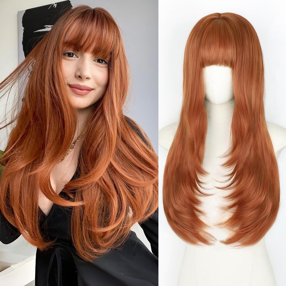 ALXNAN Hair Toppers For Women with Thinning Hair,26Inch Ginger Long Straight Layered Clip In Syntheticr topper hair pieces with Bangs