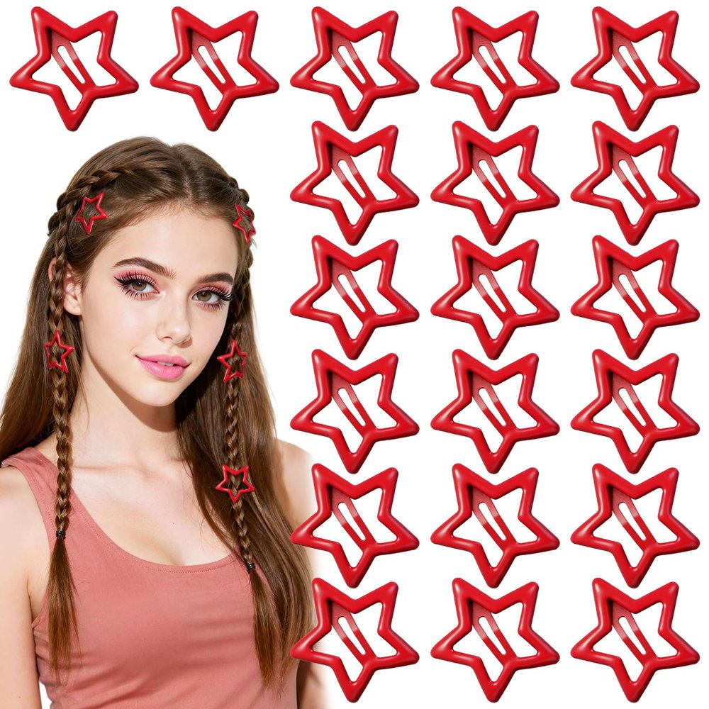 20 Pcs Hair Clip Stars Red, Red Star Snap Hair Barrettes, Non-Slip Metal Y2K Reds Stars Clips Accessories for Women Girls, Christmas Decorations