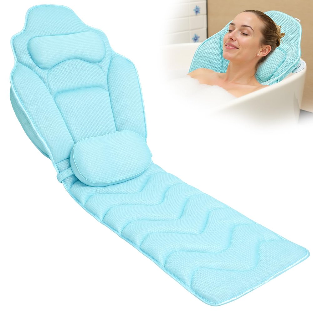 Full Body Bath Pillow for Bathtub - Extra Long 61 Bath Pillows for Tub, Ergonomic 4D Air Mesh Tub Pillow with Head, Neck & Lumbar Support, Bathtub Pillow Spa Cushion with Non-Slip Suction Cups