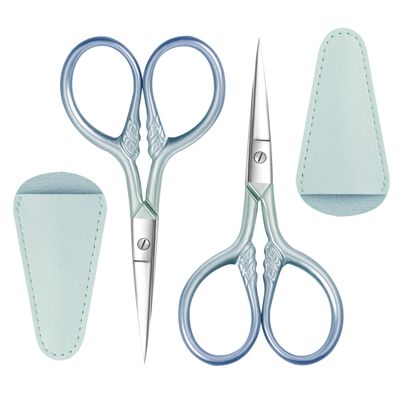 2 Pcs Eyebrow Scissors for Women, Professional Grooming Mini Scissors with Stainless Steel Straight Tip, 3.5 Inch Pink Small Scissors, Beauty Kit for Personal Care with PU Case, Gradient Blue