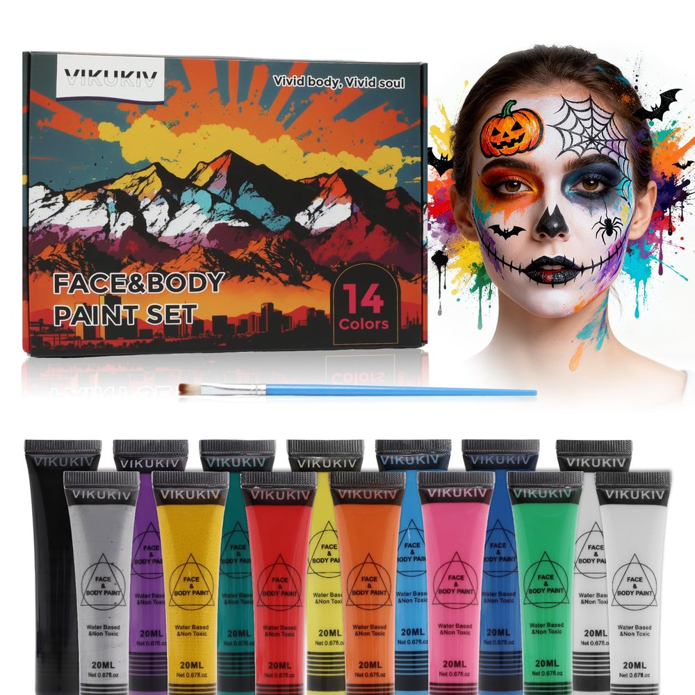 VIKUKIV 14 Colors Face Body Paint Kit Professional Water Based Face Painting for Adults and Kids Multi-Color Special Effects Makeup Set for Halloween Christmas Party Cosplay 0.7OZ Each