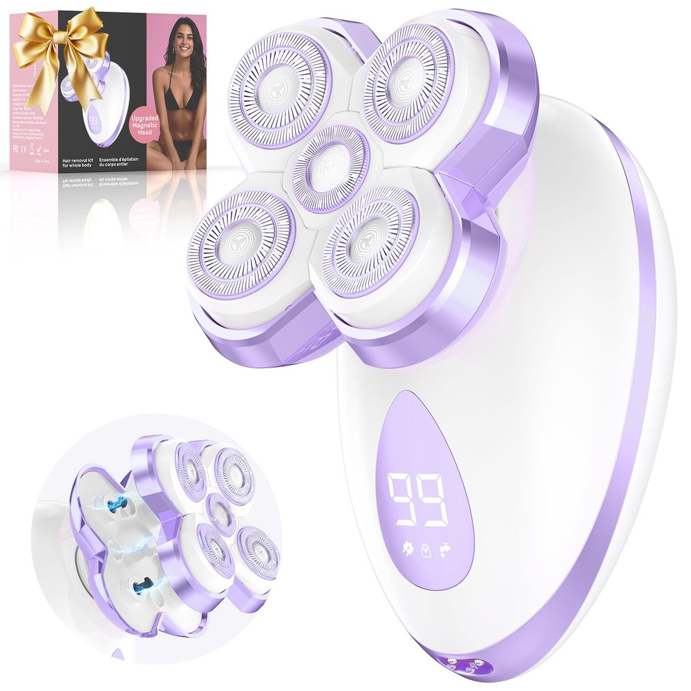 Electric Razors for Women - Upgraded Electric Shaver for Women with Magnetic Heads, Rotary Hair Remover Kit for Legs Bikini Face, Lady Trimmer for Sensitive Skin, Detachable and Waterproof, Purple