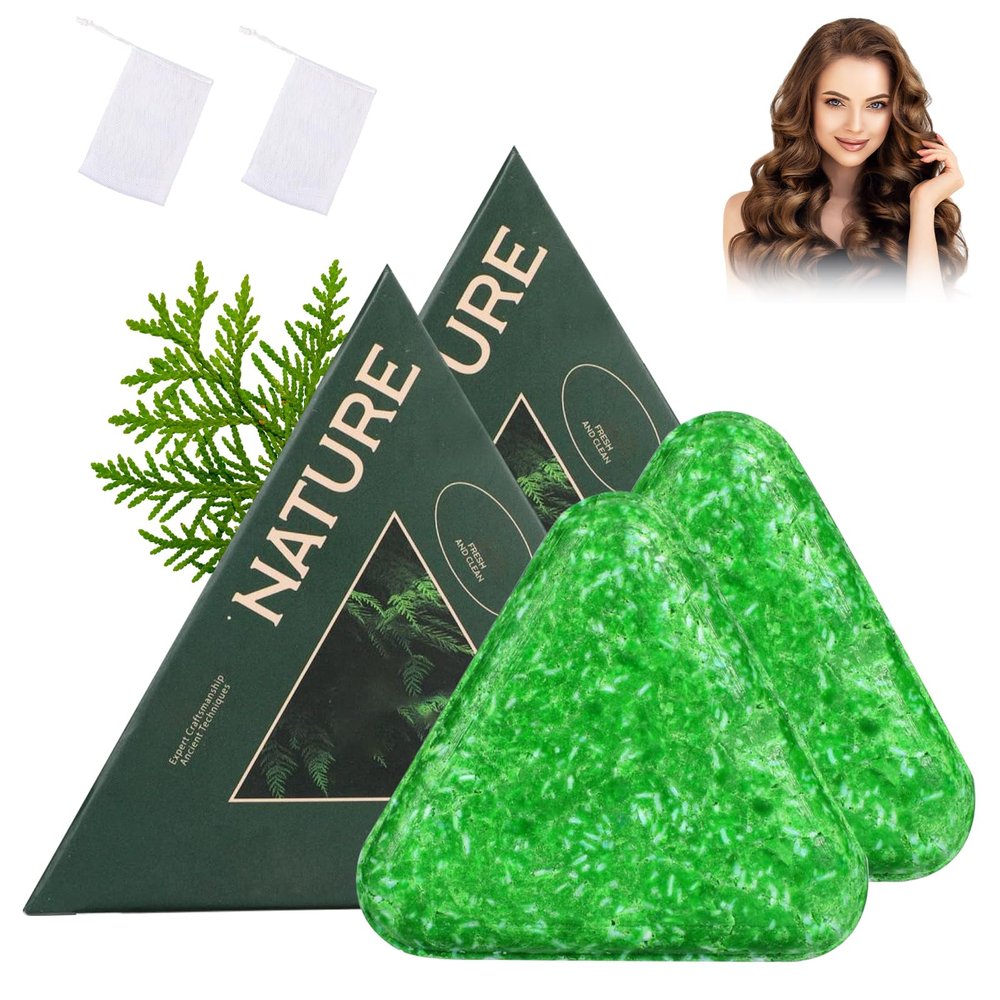 2Pack Nature Triangle Shampoo Bar with 2 Foaming Nets, Nature Seven Green Soap Shampoo, Natural Usman Grass Hair Shampoo Bar for Women & Men, Solid Shampoo and Conditioner Bars Set for All Hair Types