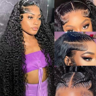 NUEAHWO 26 Inch 136 HD Lace Front Wigs Human Hair Water Wave 200 Density Lace Frontal Wigs Pre Plucked Deep Curly Human Hair Wig for Women Natural Black