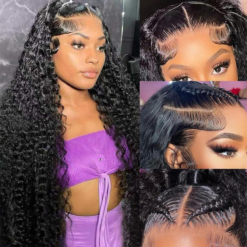 NUEAHWO 26 Inch 136 HD Lace Front Wigs Human Hair Water Wave 200 Density Lace Frontal Wigs Pre Plucked Deep Curly Human Hair Wig for Women Natural Black