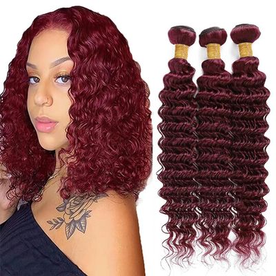 Hiaplame #99j Deep Curly Bundles Human Hair Burgundy Bundles 10 12 14 inch Double Weft 99j Burgundy Deep Wave Human Hair Weave Brazilian Virgin Remy Hair Extensions Soft and Silky for Women