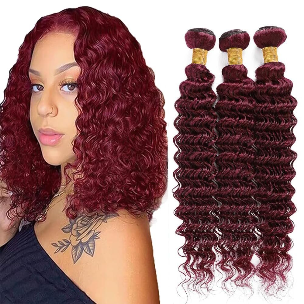 Hiaplame #99j Deep Curly Bundles Human Hair Burgundy Bundles 10 12 14 inch Double Weft 99j Burgundy Deep Wave Human Hair Weave Brazilian Virgin Remy Hair Extensions Soft and Silky for Women