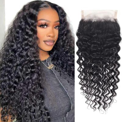 4x4 HD Lace Closure Human Hair Deep Wave Closure Free Part 8 Inch 100% Unprocessed Brazilian Virgin Human Hair Extensions Pre Plucked 150% Density Natural Black