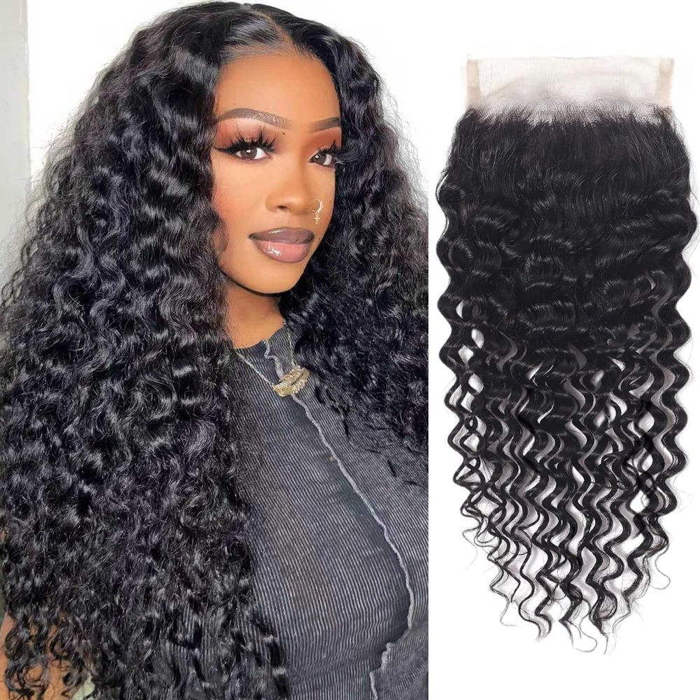 4x4 HD Lace Closure Human Hair Deep Wave Closure Free Part 8 Inch 100% Unprocessed Brazilian Virgin Human Hair Extensions Pre Plucked 150% Density Natural Black