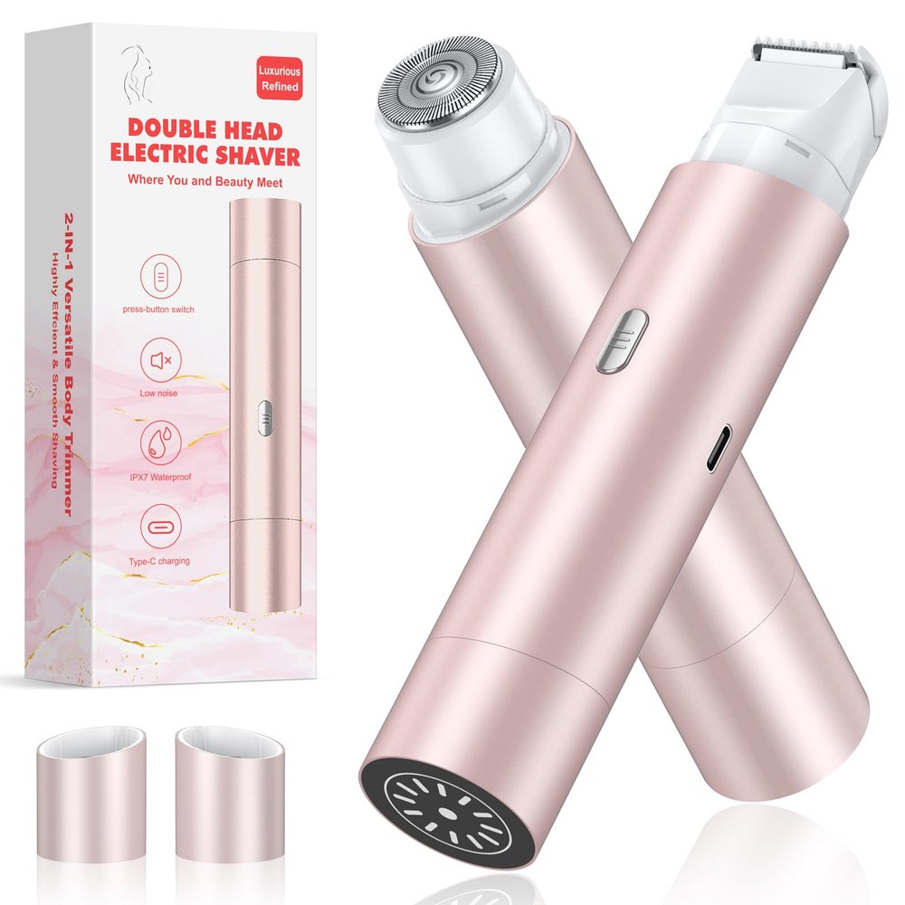 NIPOO Bikini Trimmer for Women, Dual Head Face Shaver Body Hair Trimmmer, IPX7 Waterproof Womens Electric Razor for Legs, Rose Gold