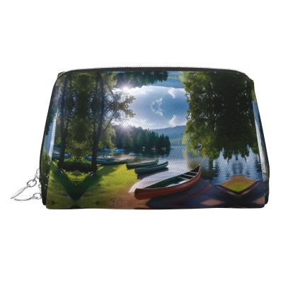 JIKOLPMUNY Lake With Boats Canoes Park Leather Portable Cosmetic Bag Spacious Pvc Leather Travel Organizer With Full Print Design For Makeup, Toiletries Daily Essentials