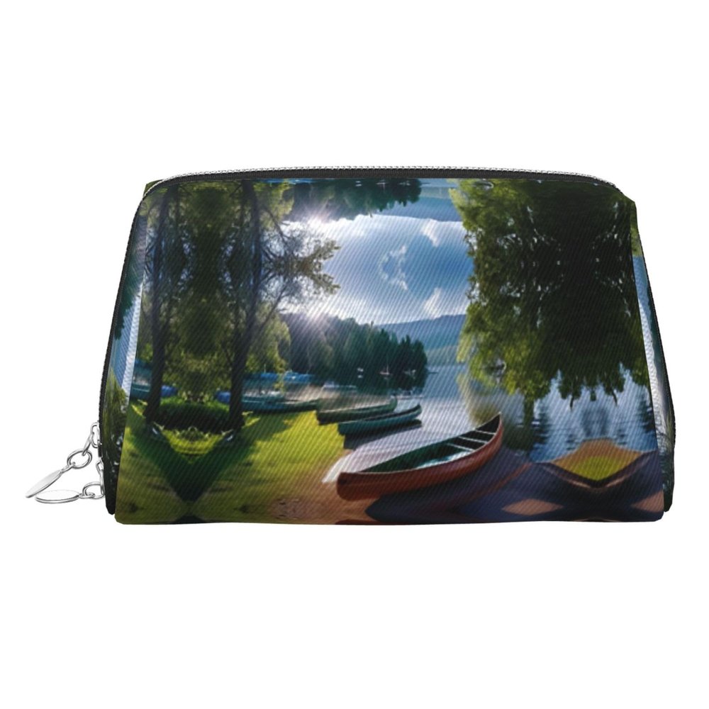 JIKOLPMUNY Lake With Boats Canoes Park Leather Portable Cosmetic Bag Spacious Pvc Leather Travel Organizer With Full Print Design For Makeup, Toiletries Daily Essentials