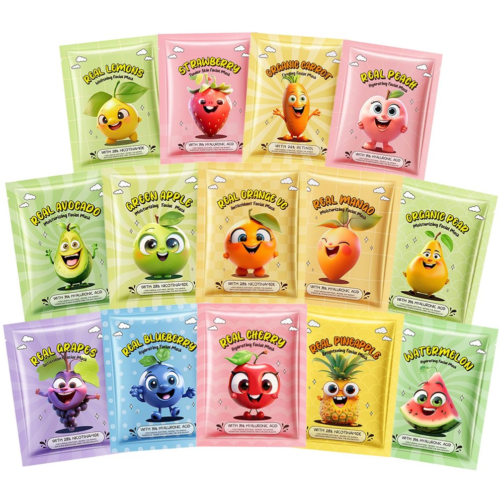 14 PCS Fruit Face Masks Skincare,Sheet Facial Mask Skincare Gifts Set,Plant and fruit mask, Kids Face Mask Spa Day Kit Supplies,Soothe Face Mask for Spa PartyMoisturizing, Brightening, Soothing