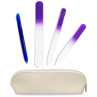Alban Czech Glass Nail File Set with Manicure Stick & Vegan Leather Cosmetic Case (Purple Nail Files, Royal Manicure Stick & Cream Cosmetic Case)