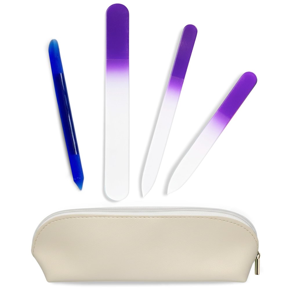 Alban Czech Glass Nail File Set with Manicure Stick & Vegan Leather Cosmetic Case (Purple Nail Files, Royal Manicure Stick & Cream Cosmetic Case)