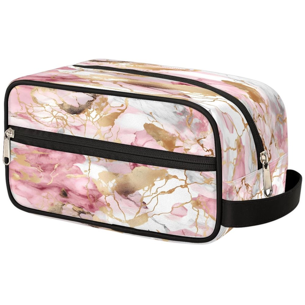 DXTKWL Makeup Bag Pink Golden Marble Travel Toiletry Make Up Bag Cosmetic Wash Bags Pouch Dopp Kit for Women Men