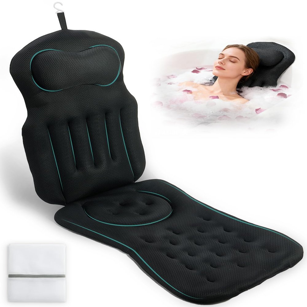 Full Body Bath Pillow for Bathtub, 5D Thick Tub Pillow for Bathtub with 192 Non-Slip Suction Cups, Laundry Bag & Hook, Bathtub Pillow for Head, Neck & Back Support (Black, 51"*15")