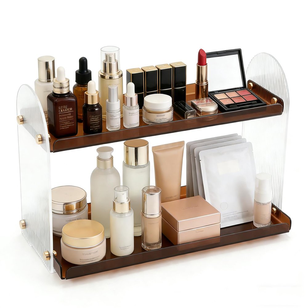 2 Tier Acrylic Makeup OrganizerBathroom Counter Organizers and Storage, Versatile Perfume Vanity Organizer, Ideal for Cosmetic, Large Skincare, Face Mask, Office Supplies, Amber