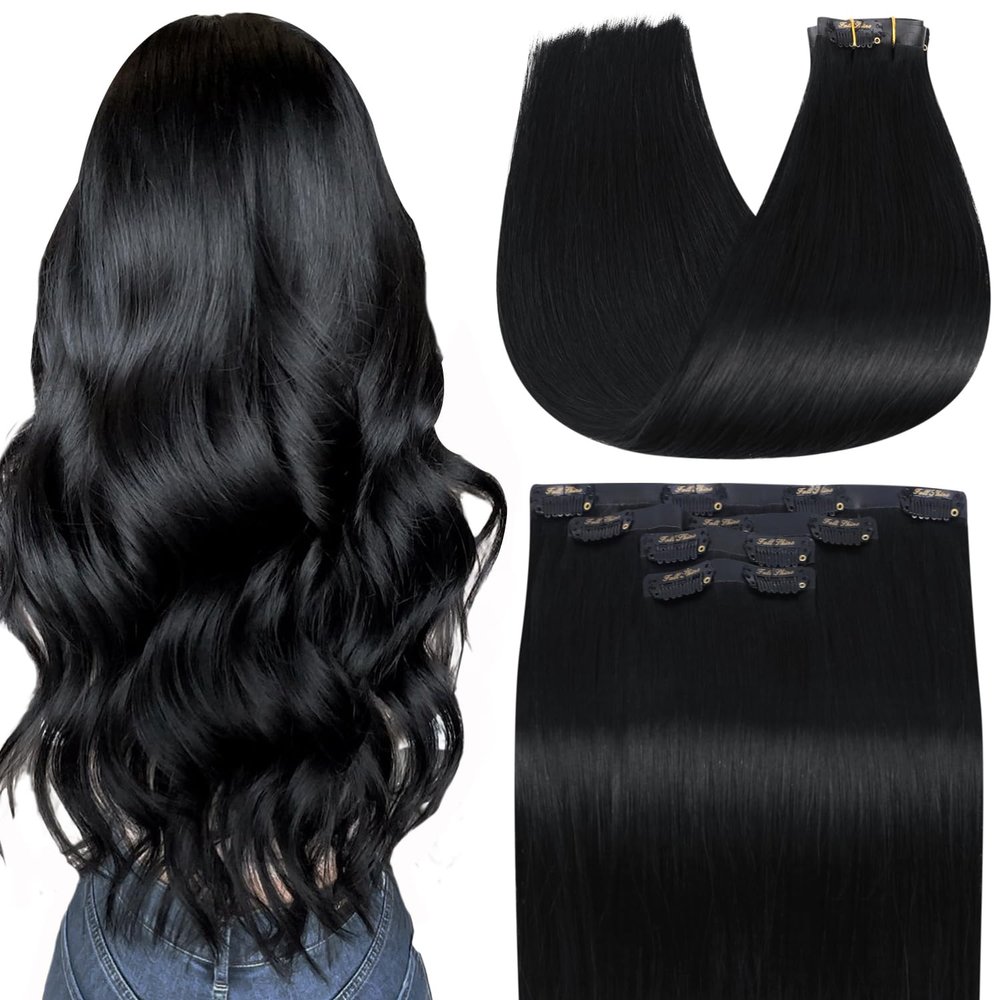 Full Shine Seamless Hair Extensions Clip in Jet Black Invisible Hair Extensions Invisible PU Weft Hair Extension Fill Ins for Short Thin Hair Add Volume 4pcs 16Inch 85g