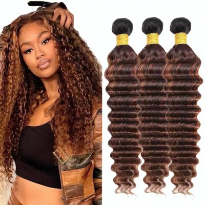 T1BP4/30 Deep Wave Bundles Ombre Brown Human Hair Bundles Dark Brown to Light Brown Bundles 14 16 18 Inch Grade 10A Unprocessed Brazilian Virgin Human Hair 3 Bundles For Women Double Weft