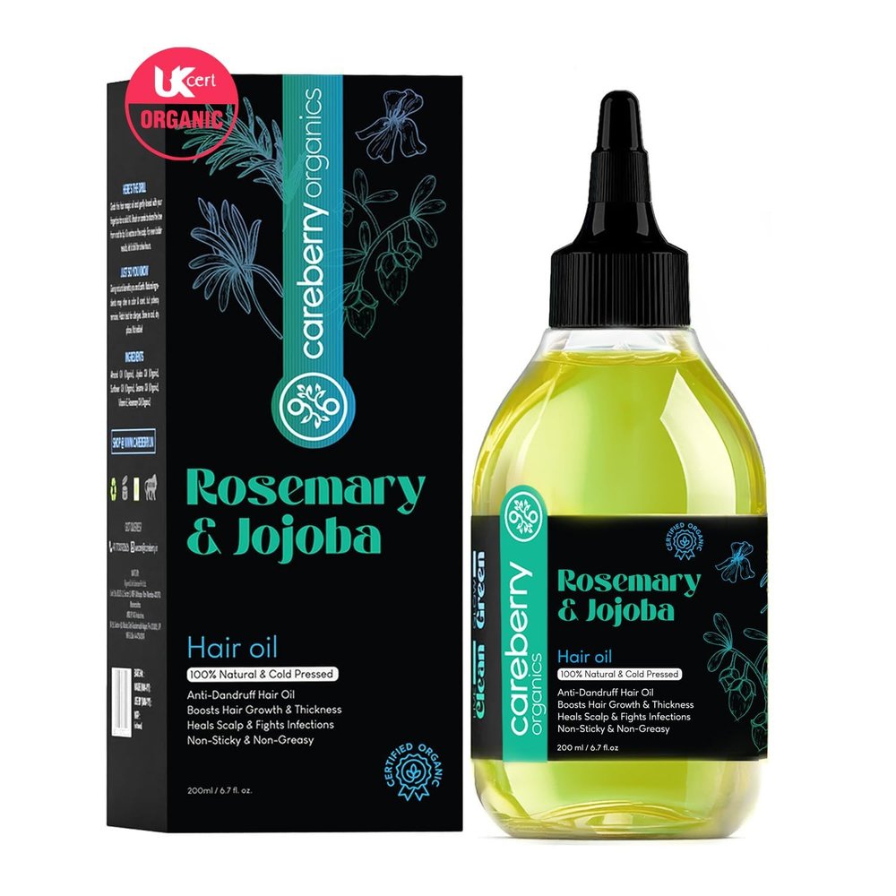 Care...berry Organic Rosemary & Jojoba Hair Oil for Hair Growth & Dandruff Control | 100% Cold-Pressed | UKCert Certified Organic & Ayush Certified Ayurvedic | Lightweight & Non Sticky