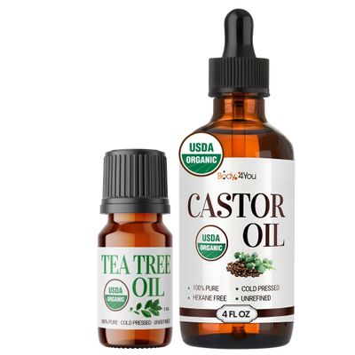 BodyJ4You Castor Oil Tea Tree Oil Bundle - USDA Certified Organic Pure Oils - Face Hair Skin Beard Nail Care - Cold Pressed Non-GMO Hexane Free Carrier Oils - Castor 4 Fl Oz - Tea Tree 0.17 Fl Oz