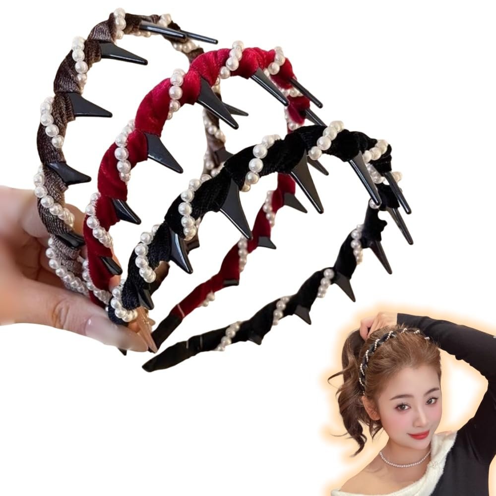 Retro High Skull Pearl Headband, Vintage High Cranium Artificial Pearl Hairband, 2025 New Anti-Slip Reversible Head Band Girl's Gift Bridal Hair Hoop Rhinestones for Women (black+red+brown, Medium)