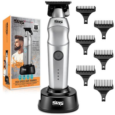 DSP Professional Hair Trimmer for Men, Beard Mustache Cordless Trimmer, Indicator Light with Charge Base, Zinc Alloy Body, Low Noise, Zero Gapped Edgers Trimmer (Silver)