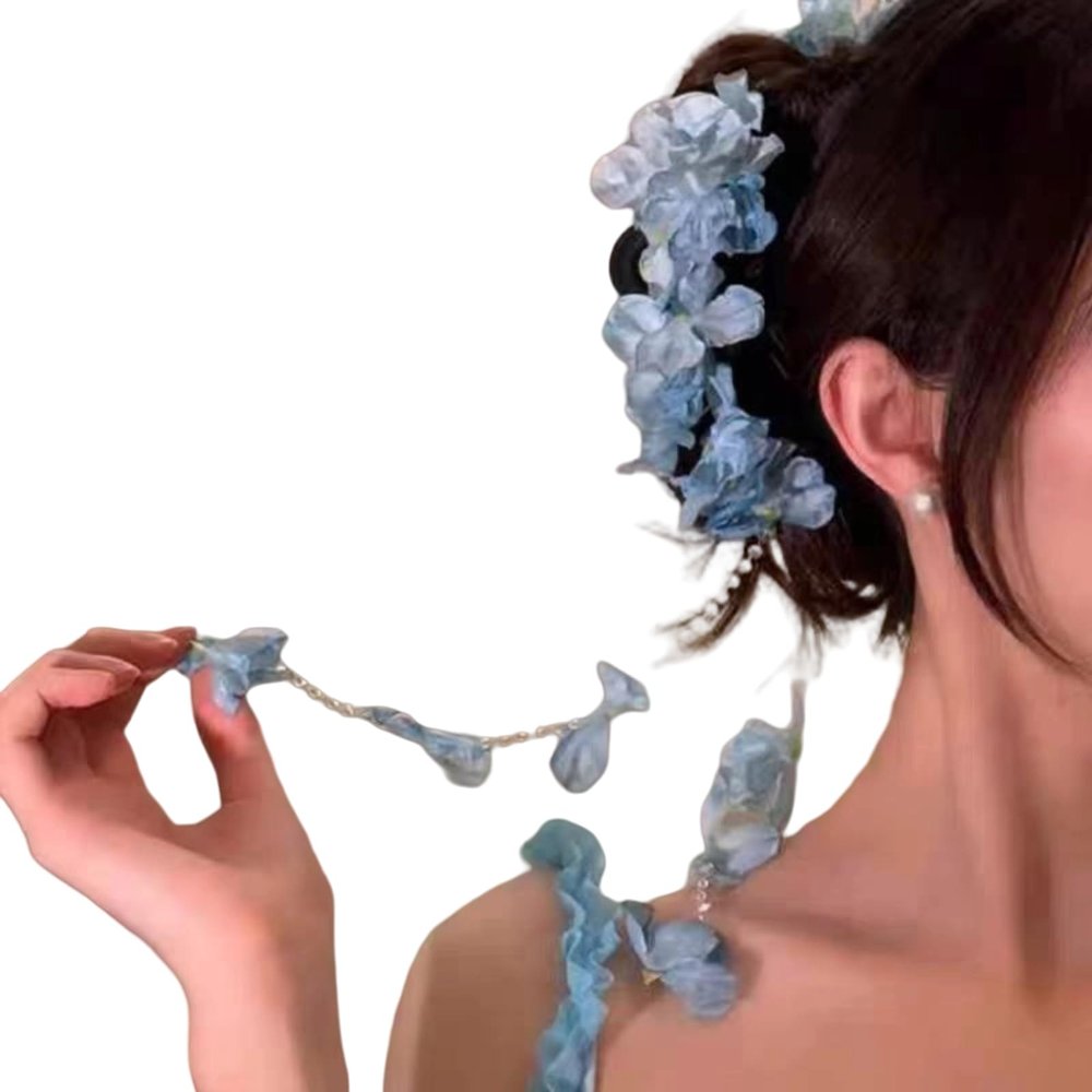 2 hair clips, flower waterfall, spring tassel, embroidered ball, blue headpiece