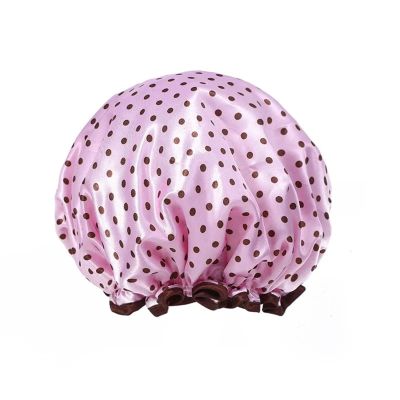 1PC water resistant Shower Cap Leopard Print Double Layer Elastic Shower Hair Cover Reusable Wave Point Shower Cap Bathroom Supplies(Pink)