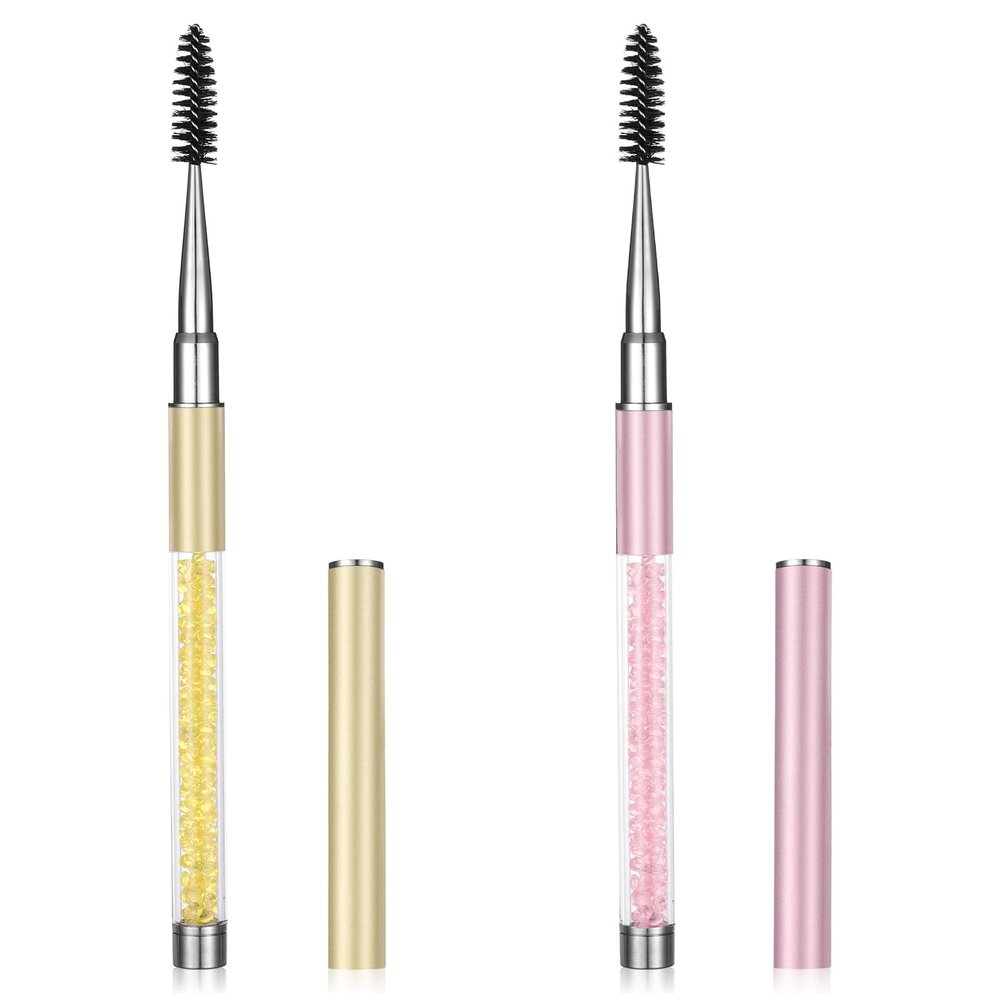 2 PCS Eye Brow Brush with Cap, Spooly for Lashes, Eyebrow Spoolie, Reusable Travel Eye Brow Brushes, Portable Eyebrow Spiral Brushes with Handle, Make up Accessories for Women (Light Pink, Gold)