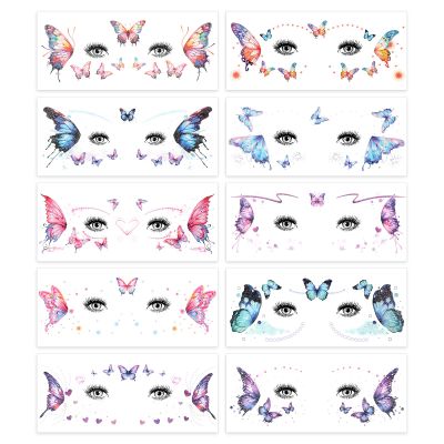10 Sheets Temporary Butterfly Makeup Tattoos, Fairy Butterfly Wings Face Gems for Women Girls, Glitter Fairy Wings Face Tattoos Stickers for Rave Festival Party Costume Accessories