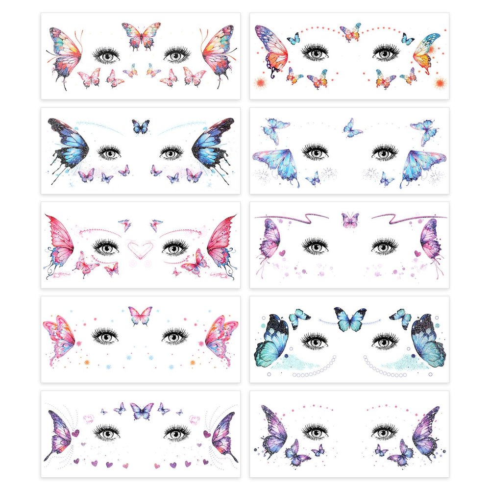 10 Sheets Temporary Butterfly Makeup Tattoos, Fairy Butterfly Wings Face Gems for Women Girls, Glitter Fairy Wings Face Tattoos Stickers for Rave Festival Party Costume Accessories
