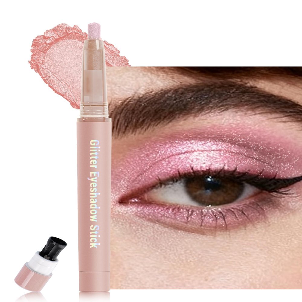2 in 1 Glitter Eyeshadow & Eyeliner Stick, Metallic Shimmer Eyeshadow Stick, Twist-Up Built in a Sharpener Light Pink Eyeliner Pen, Waterproof Creamy Eye liner Makeup for Women Christmas-11 Light Pink