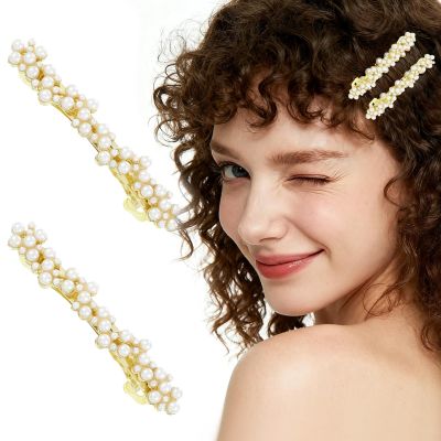 2 Pcs Pearl Hair Barrettes for Women, Elegant Gold Hair Clips with Pearls, Fancy French Barrette Hairpins Decorative for Weddings, Parties, Daily Use