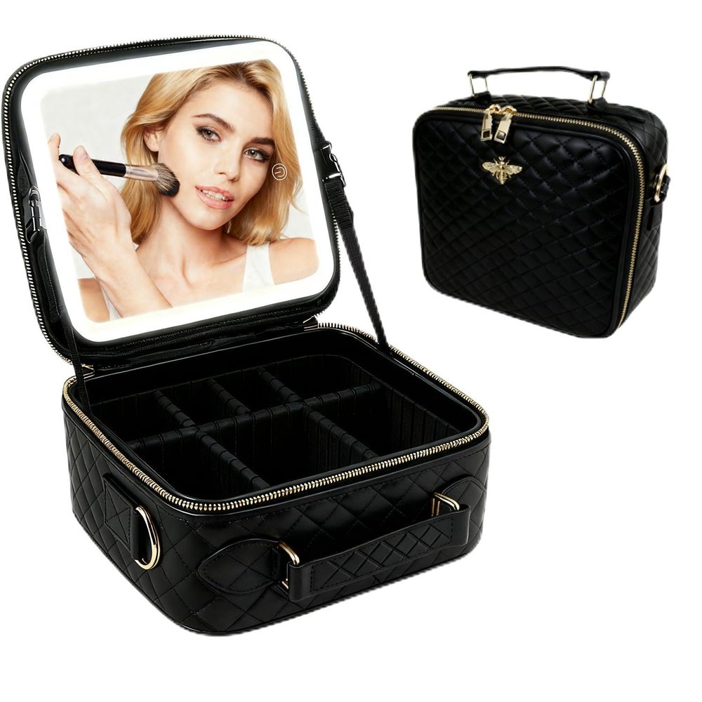 GIUWESOY Travel Makeup Bag with Light Up Mirror, Portable Makeup Bag with Led Light Women Waterproof Makeup Travel Case adjustable dividers Rechargeable Vanity Mirror with 3 Color Lights