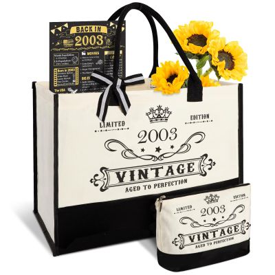 23rd Birthday Gifts for Women Canvas Tote Bag Travel Gear, Unique 23 Years Old Birthday Gifts for Girlfriend Daughter Sister Friends Her, Vintage 2003 Handbag & Cosmetic Bag & Back in 2003 Poster