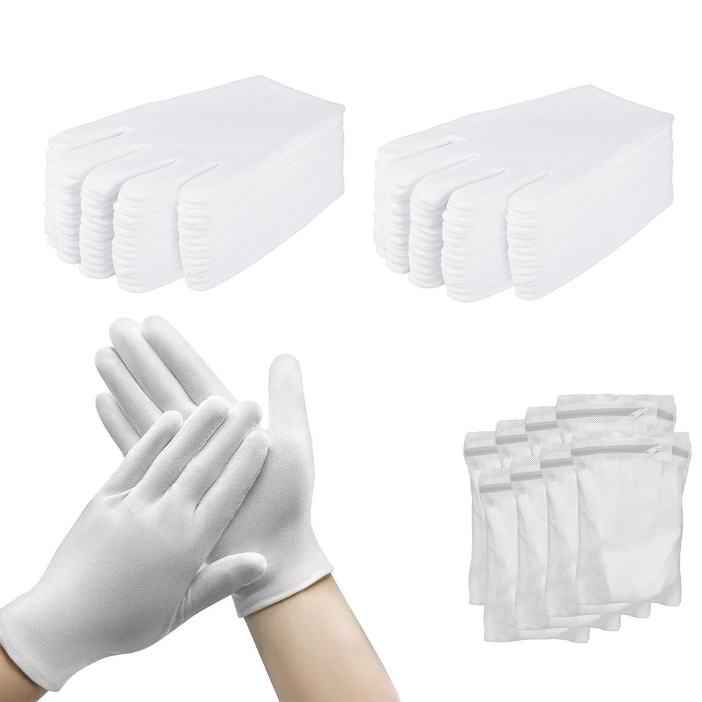 24 Pairs White Cotton Gloves for Dry Hands Eczema with 8 Laundry Bags, Soft Unisex Moisturizing Gloves for Sleeping Overnight, Breathable Work Glove Liners for Coin Jewelry Inspection, Art Handling