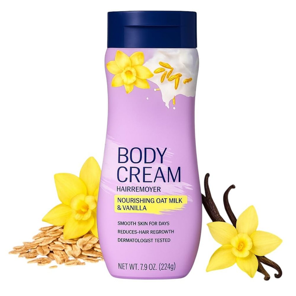 Body Cream Hair Remover, Oat Milk & Vanilla, Body Hair Removal Cream for Women, 7.9 oz (packof1)