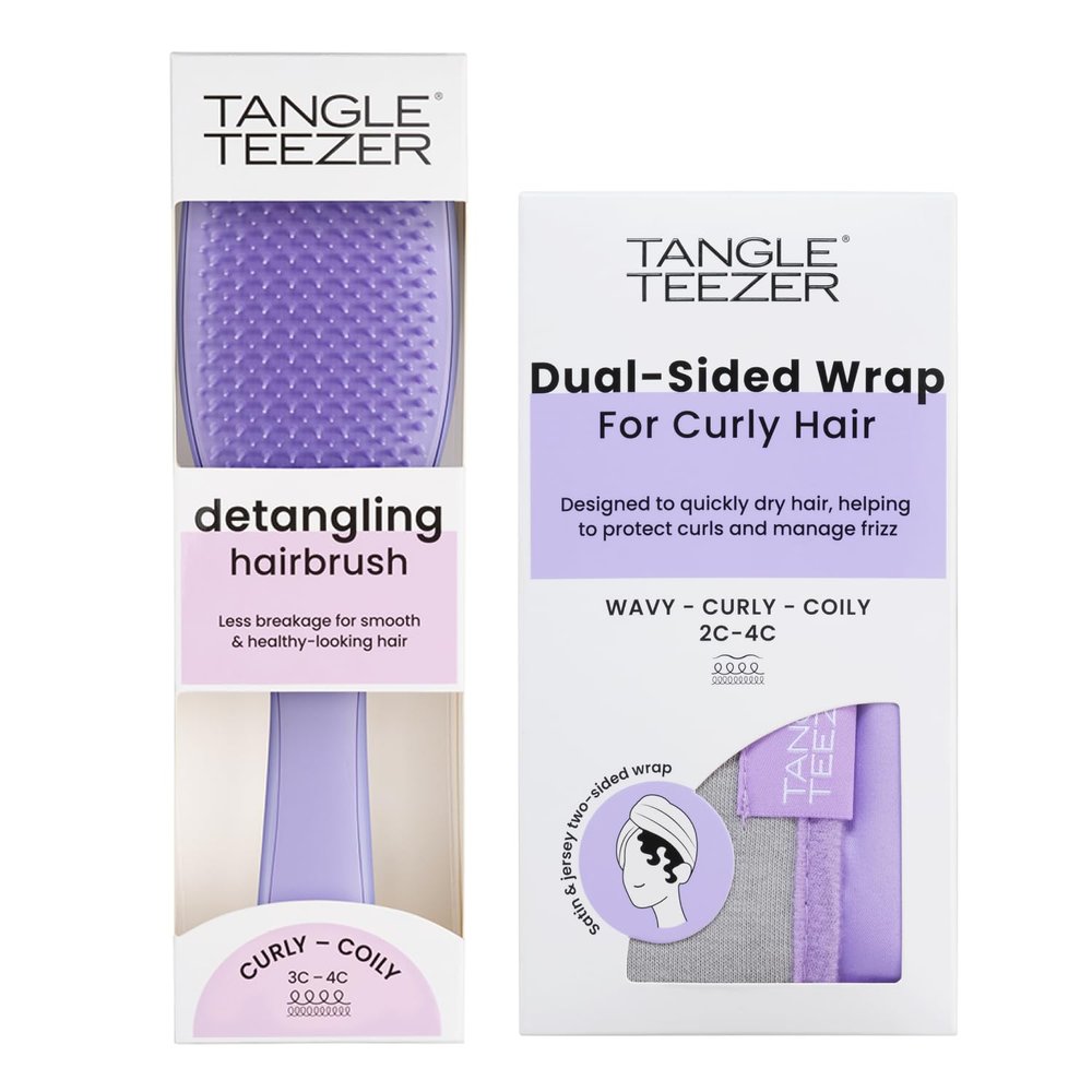 Tangle Teezer Ultimate Curl Care Bundle, Detangler Brush for Curly & Coily Hair + Double-Sided Hair Towel Wrap for Frizz Control & Curl Protection
