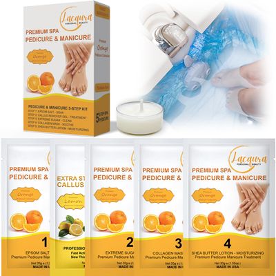 Deluxe Pedicure 6 Step in 1 Box  Epsom Salt, Callus Remover, Extreme Sugar Scrub, Collagen Mask, Massage Oil Candle & Shea Butter Lotion. (Orange 20 Set)