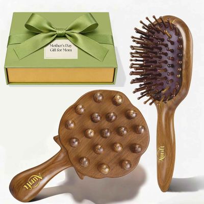 Mothers Day Gift for Mom Self Care Relaxation Gift Set Natural Wooden Massage Hair Brush & Scalp Gua Sha Tool Head Massage Stress Relief Wellness Gift Box for Women, Grandma, Wife