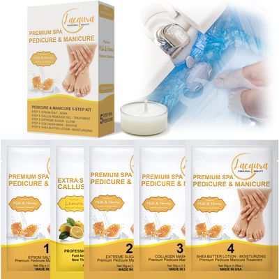 Deluxe Pedicure 6 Step in 1 Box  Epsom Salt, Callus Remover, Extreme Sugar Scrub, Collagen Mask, Massage Oil Candle & Shea Butter Lotion. (Milk & Honey 40 Set)