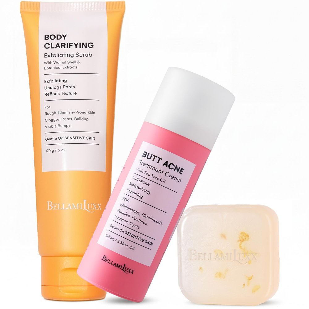 BellamiLuxx Butt Acne Treatment Set: Acne Soap Bar + Butt Treatment Lotion for Breakouts on Buttocks, Thighs, Back, Chest & Ingrown-Prone & Folliculitis-Prone Skin  Helps Reduce Body Breakouts
