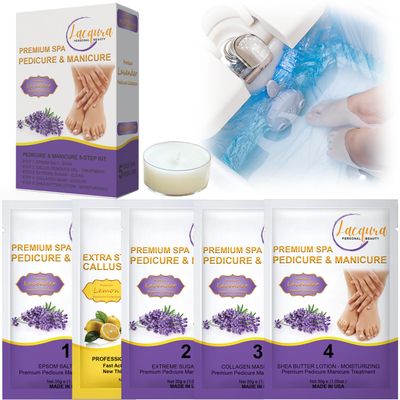 Deluxe 6 Step Pedicure Spa Kit  Epsom Salt, Callus Remover, Extreme Sugar Scrub, Collagen Mask, Massage Oil Candle & Shea Butter Lotion. (Lavender 40 Set)